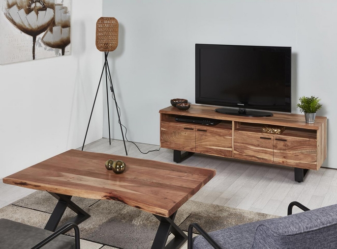 Meuble TV de style industriel en acacia massif de 160 cm